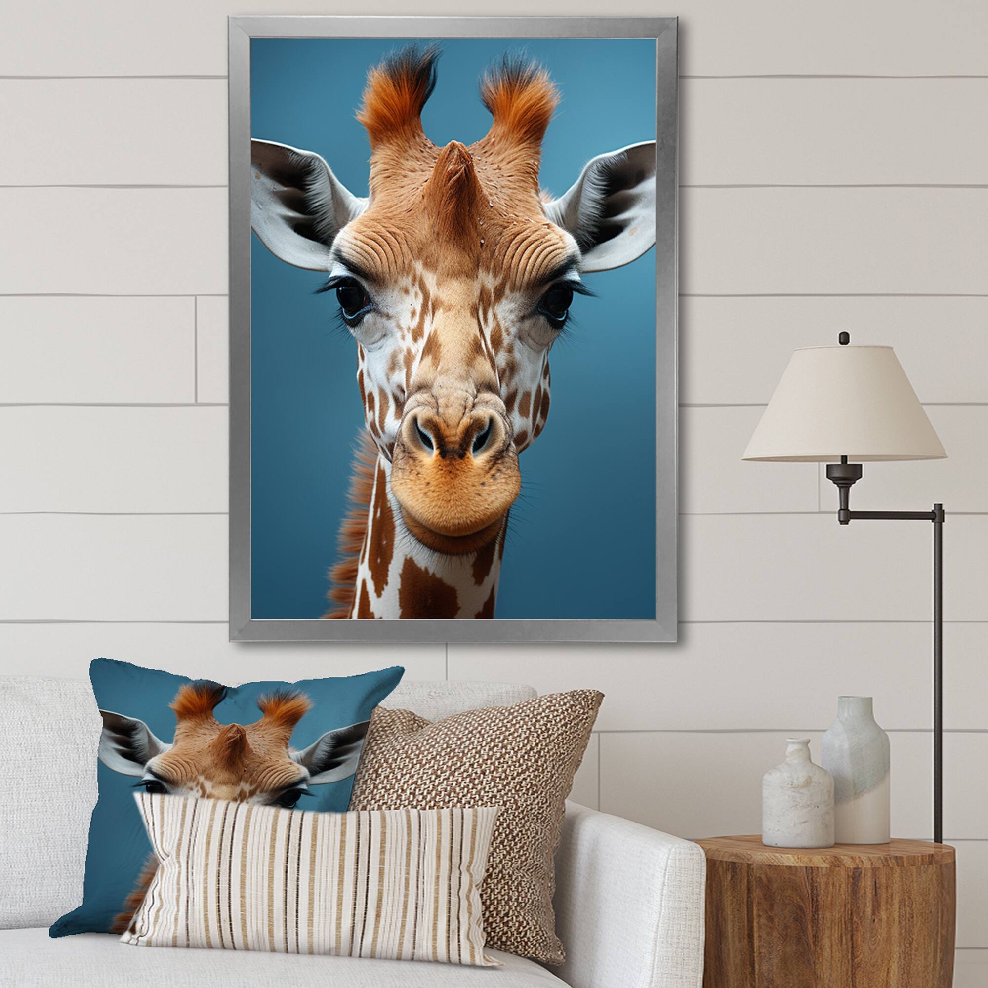 Designart "Blue Giraffe Portrait II" Animals Giraffe Framed Wall Art